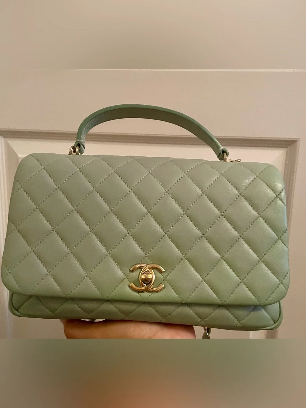 CHANEL Mint Green Quilted Top Handle bag with Gold Hardware